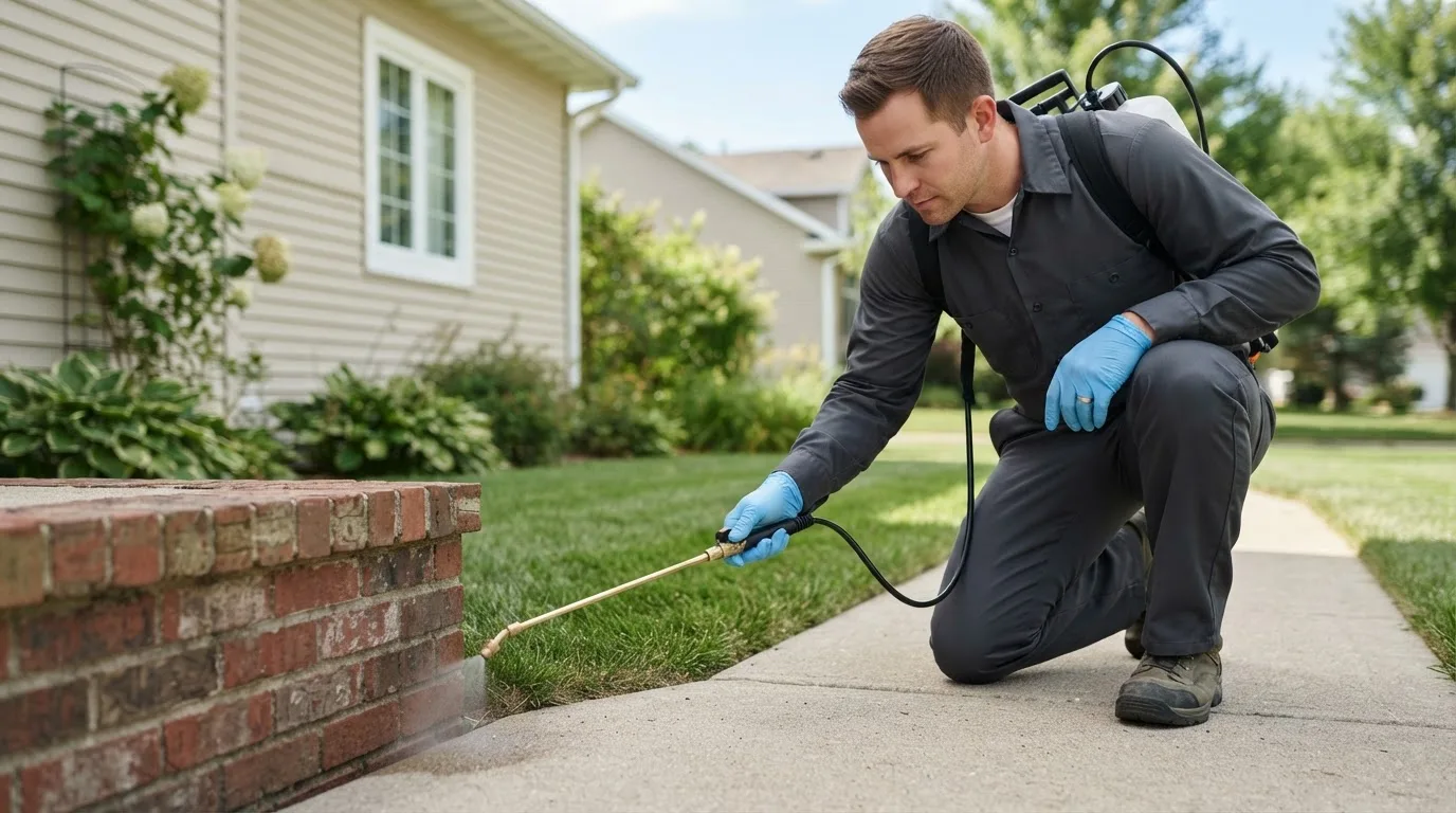 Pest control technician treating a home near Geneva, IL